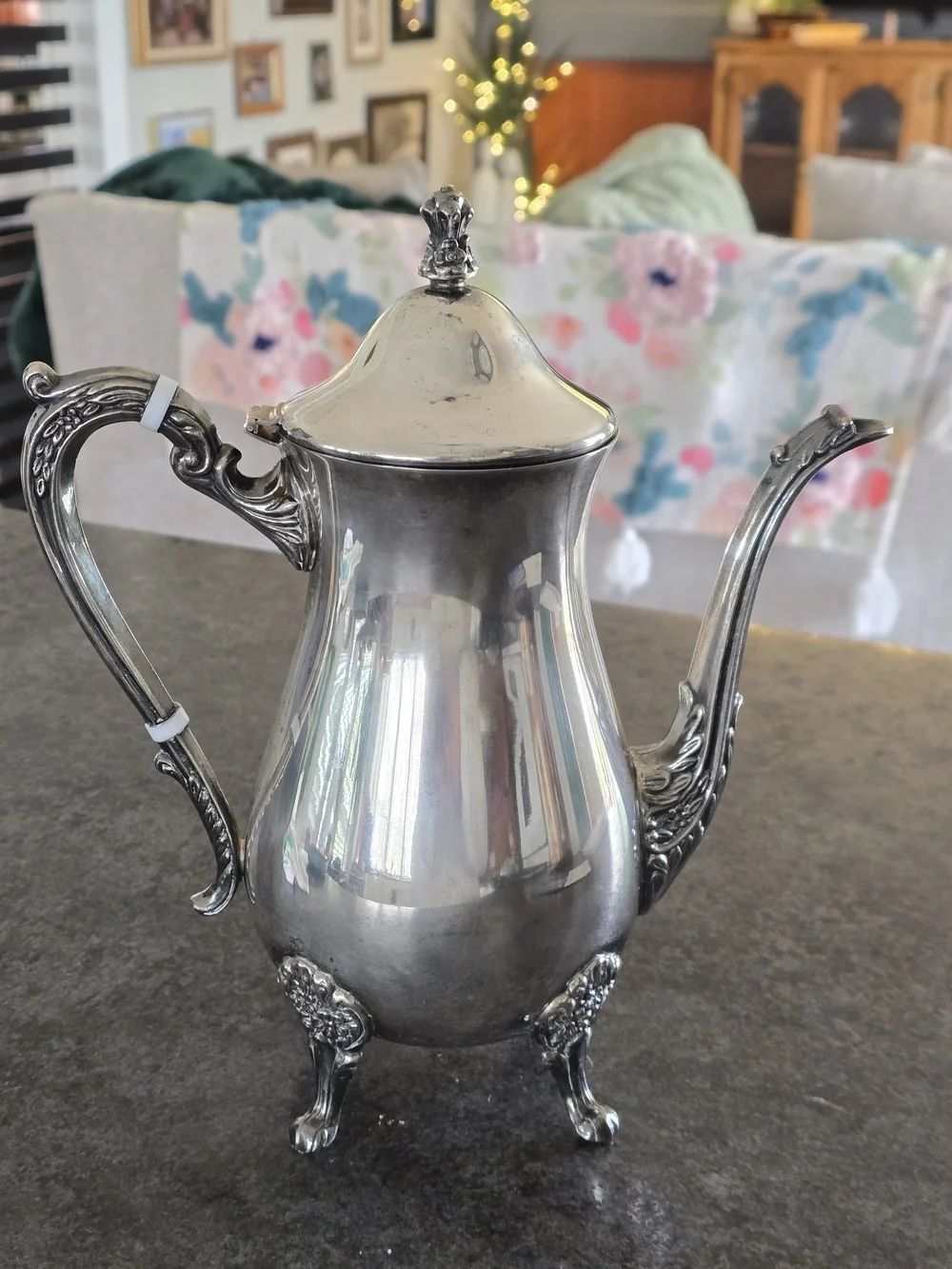 Vintage Silver Plated Coffee/Teapot - Ornate Raised Feet & Scroll Handle